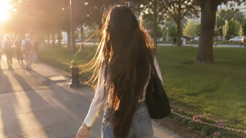 Frau mit sehr langem Haar im Alltag unterwegs