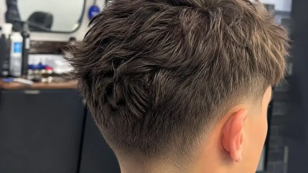Nahaufnahme einer coolen Frisur für Jungs ab 10 mit modernem Fade im Nacken- und Seitenbereich