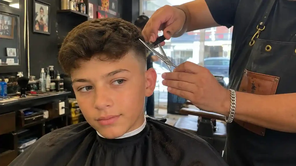 Junge beim Haareschneiden im Friseursalon
