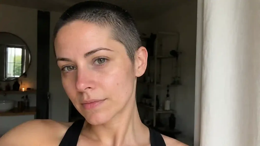 Buzz Cut Frau ungeschminkt im natürlichen Licht