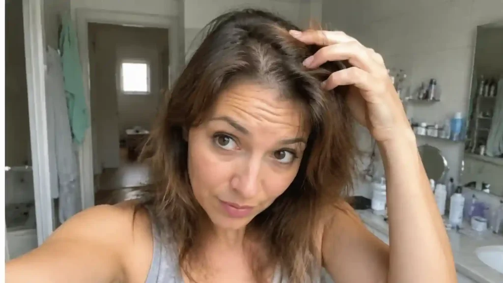 Frau betrachtet ihr feines, dünnes Haar im Spiegel - extrem dünne haare frisur