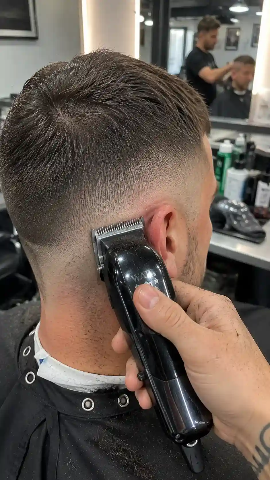 Barbier arbeitet an einem sauberen Fade-Übergang an der Kopfseite