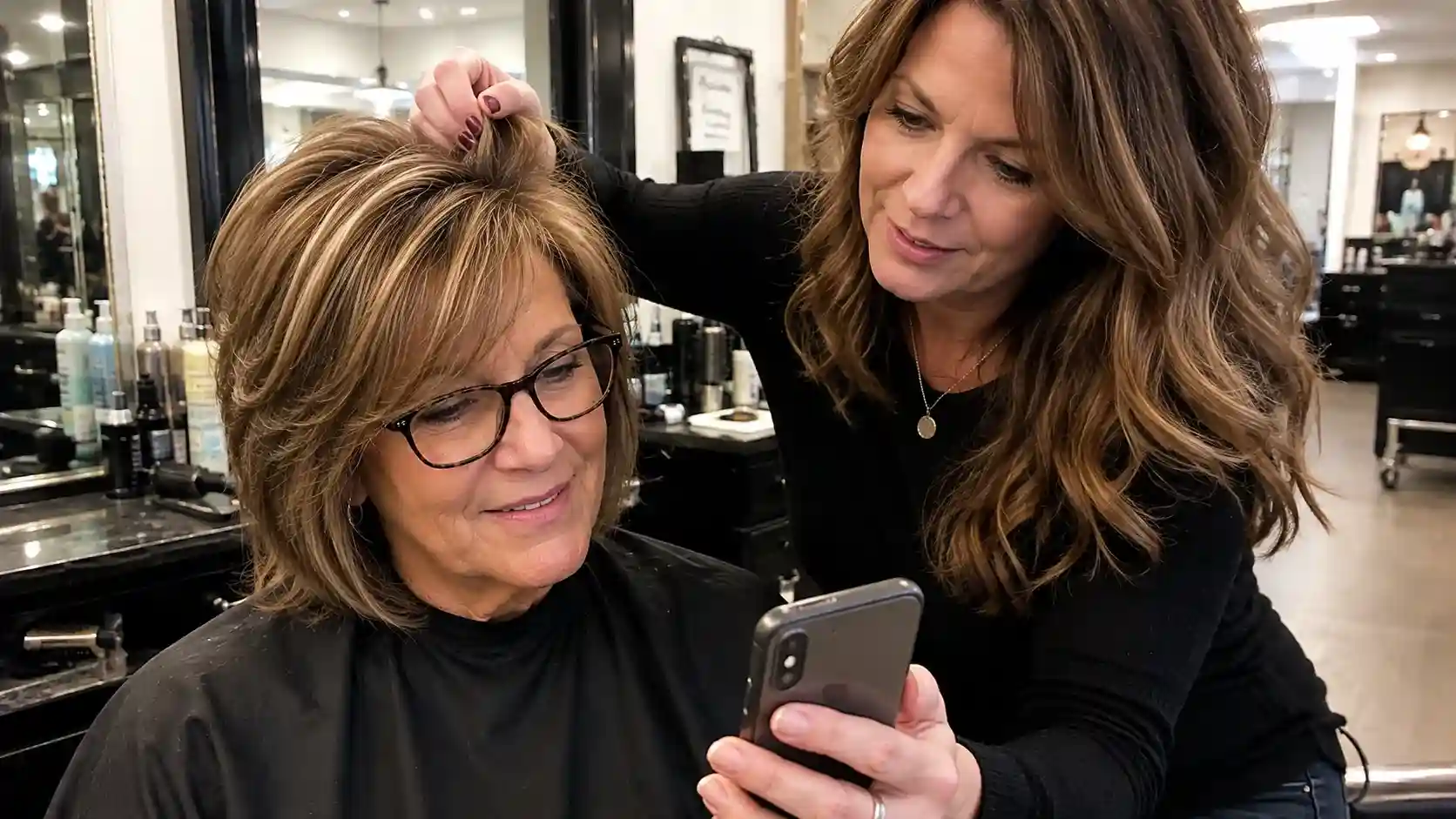 Beratungsgespräch beim Friseur mit Brille zur passenden Wahl unter den Frisuren ab 60 die jünger machen mit Brille
