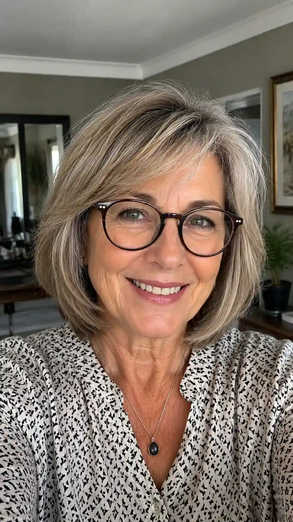 Frau ab 60 mit Brille und gestuftem Bob, der jünger wirkt