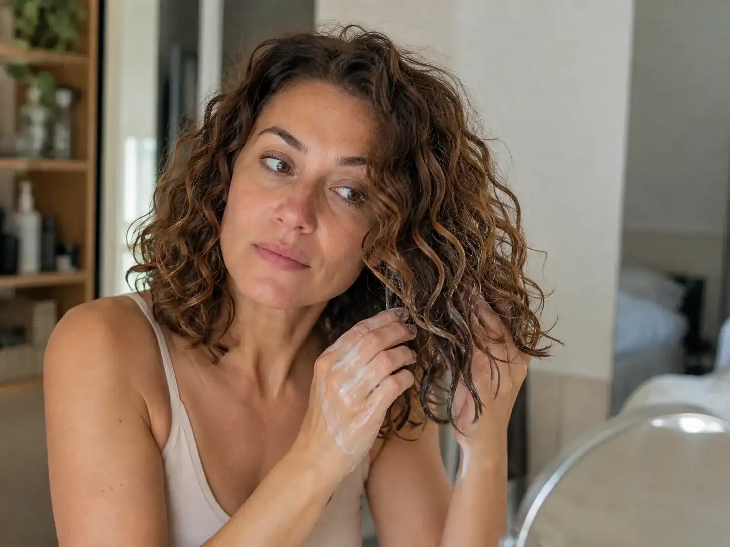 Frau mit lockiger Frisur schulterlang stylt ihre Naturlocken mit Curl Cream vor dem Spiegel