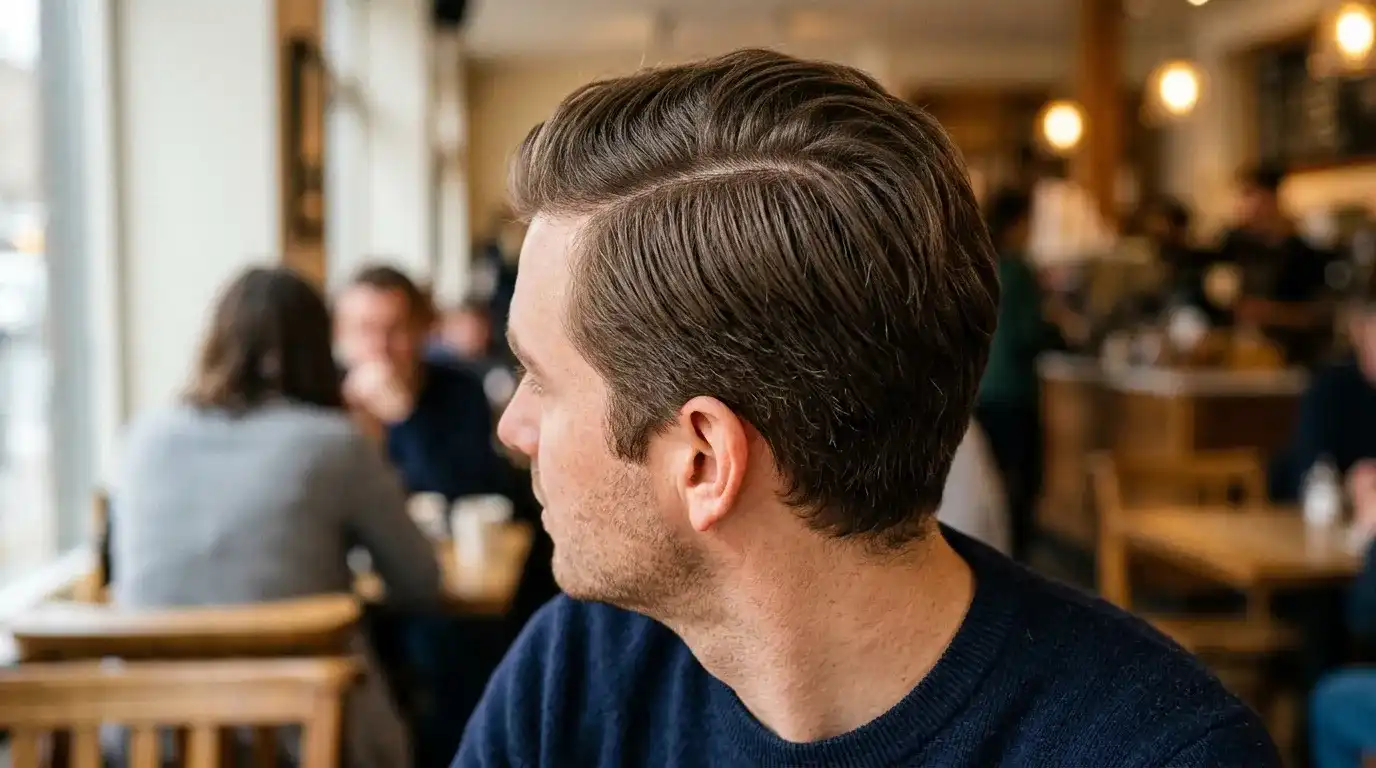 Nahaufnahme eines klassischen Seitenscheitels bei kurzem Männerhaar mit deutlich sichtbarer Trennlinie