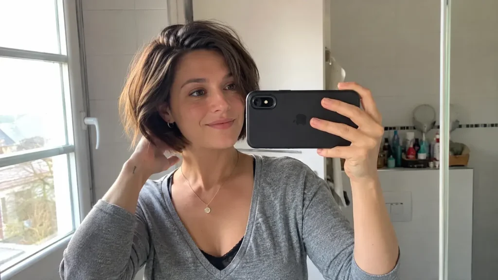 Frau mit kurzem Haarschnitt stylt ihre Haare vor dem Badezimmerspiegel - Kurze Haare Stylen