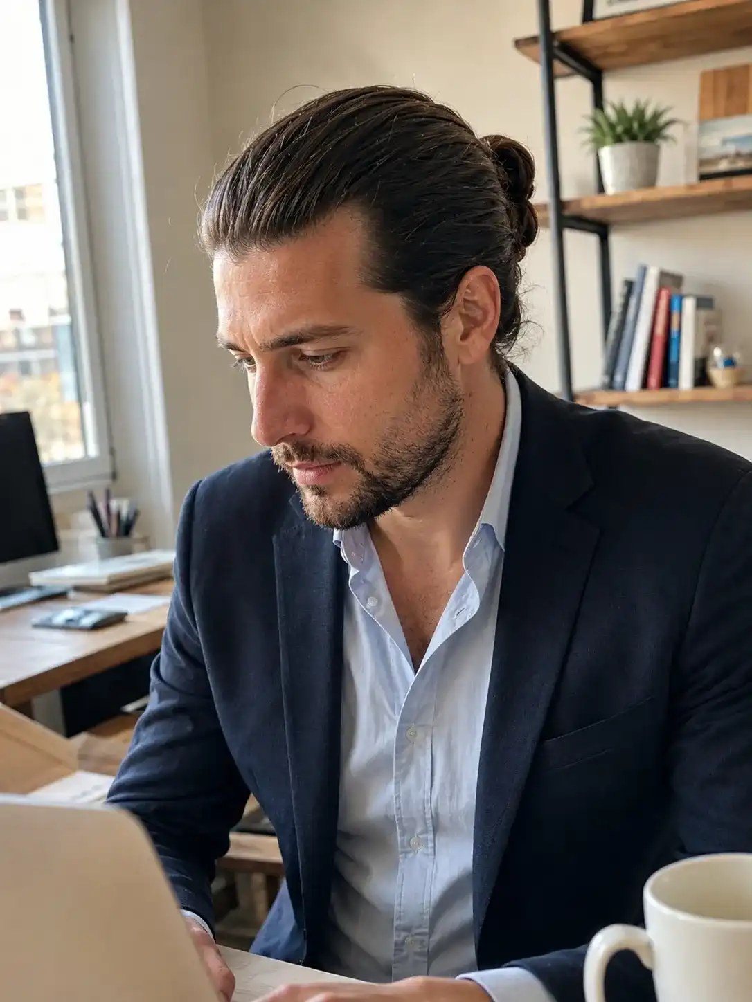 Business Frisuren Männer für lange Haare: strukturierter Dutt kombiniert mit einem seriösen Blazer-Look