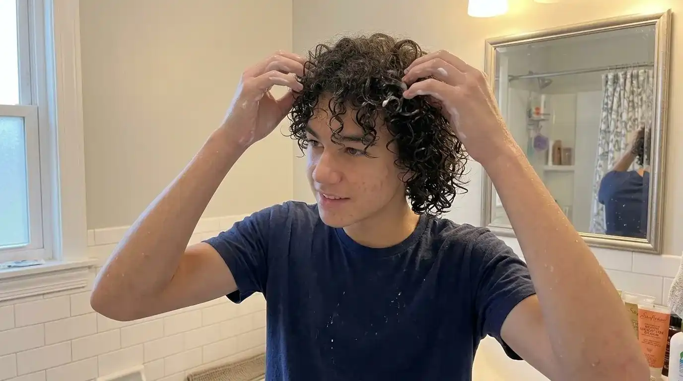 Teenager mit natürlichen Locken, die morgens mit einem Definitionsprodukt betont werden, im Badezimmer
