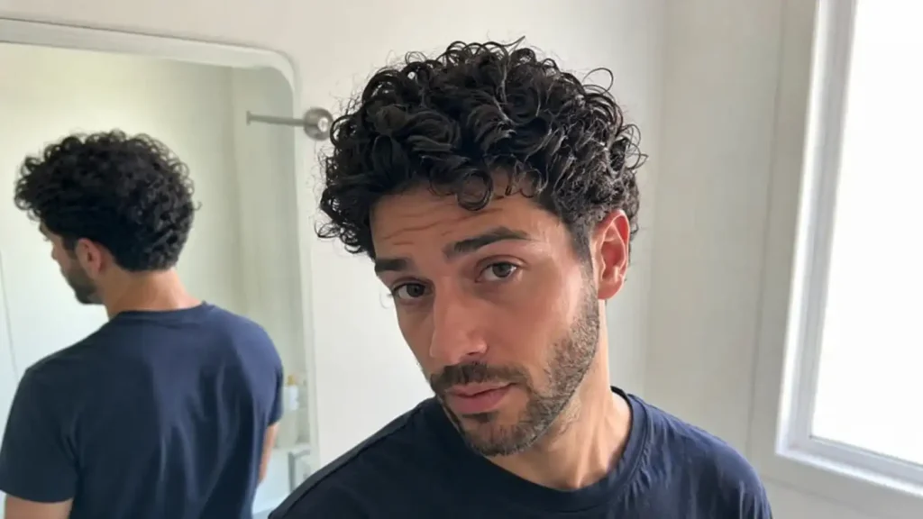 Männer mit Locken welche Frisur passt: junger Mann mit definierten lockigen Haaren im natürlichen Tageslicht