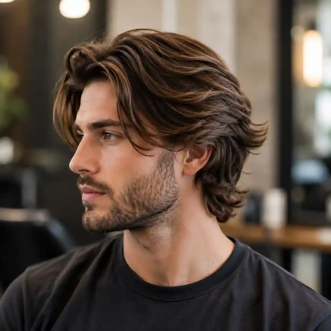 Mittellange Männerfrisuren – Mann mit welligem, mittellangem Haarschnitt im modernen Look
