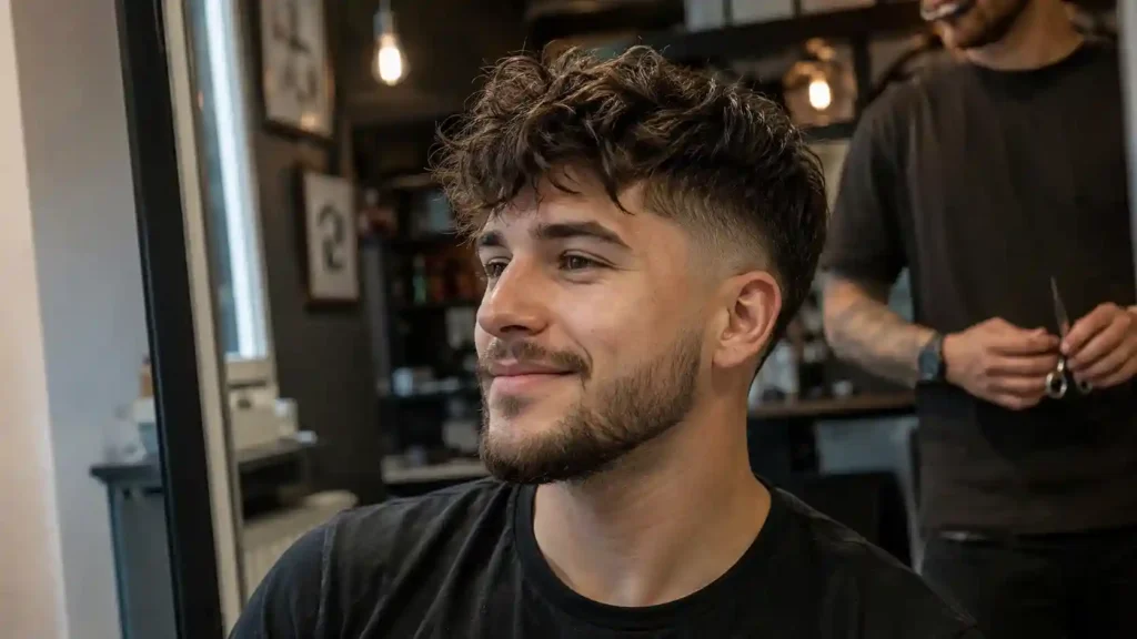 Mann betrachtet seine neue moderne Frisuren Männer im Spiegel eines Friseursalons