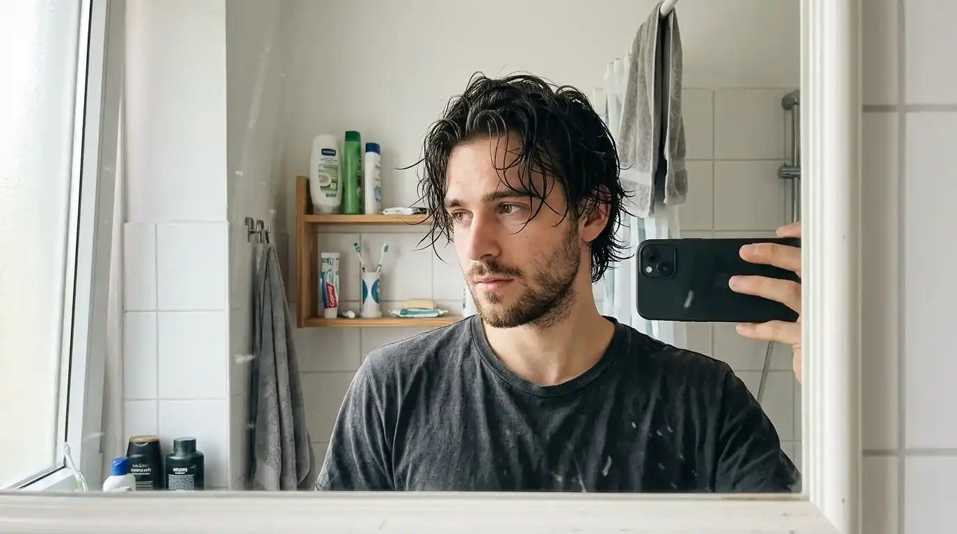 Mann beobachtet im Spiegel, wie sein nasses Haar ohne Styling natürlich zur Seite fällt.