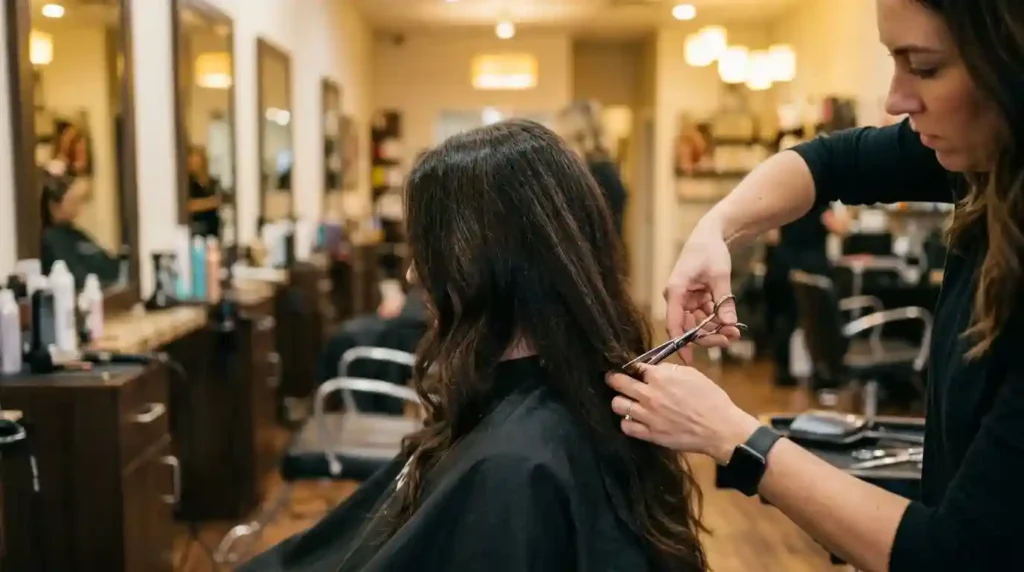 Friseurin schneidet die Spitzen für gesundes langes Haar