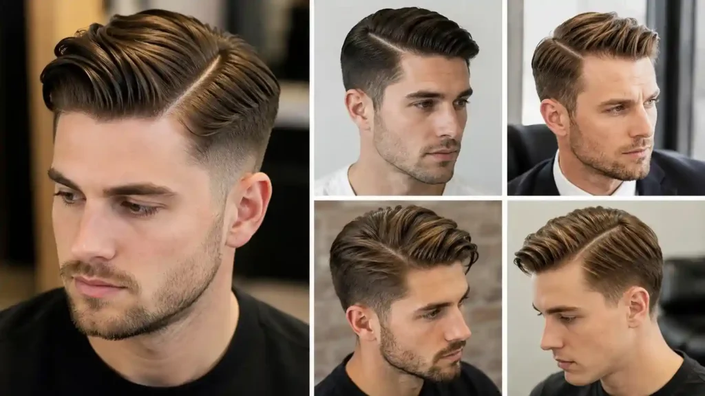 Seitenscheitel Frisuren Männer: gepflegter Mann mit sanftem Übergang lächelt vor einem hellen Badezimmerspiegel
