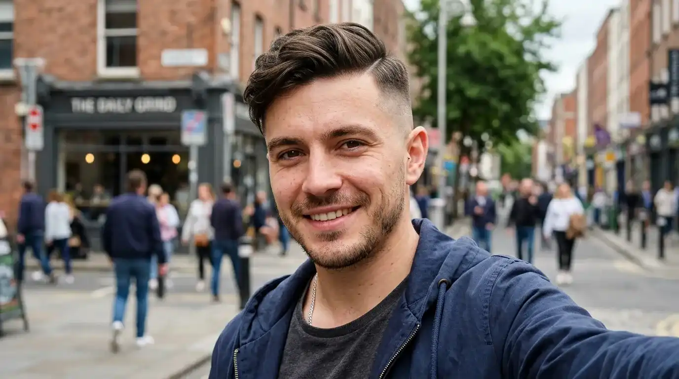 Junger Mann mit Seitenscheitel und Undercut, kurze Seiten und längeres, seitlich gestyltes Deckhaar