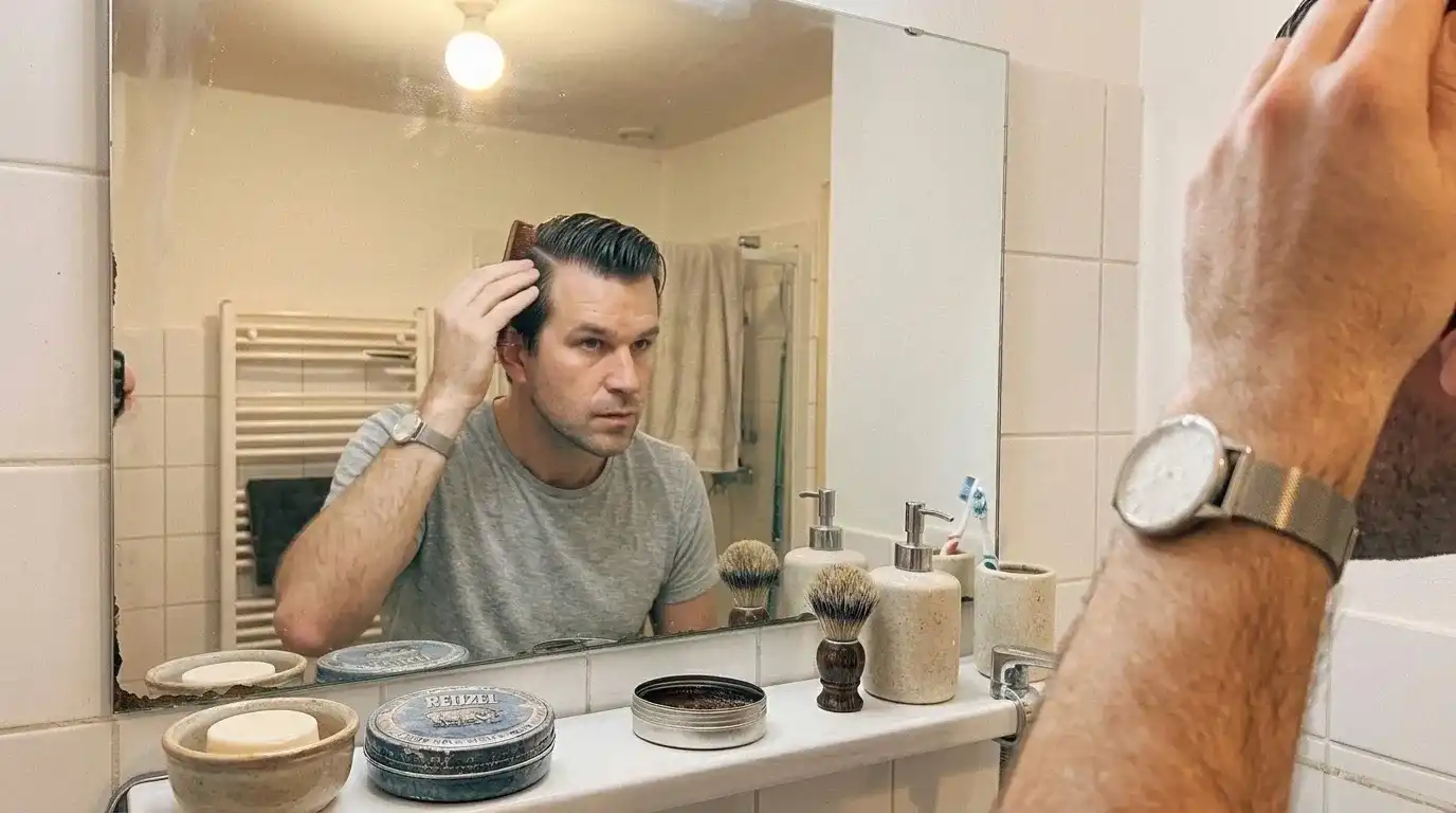 Mann stylt seinen Seitenscheitel mit Kamm und Haarwachs vor dem Badezimmerspiegel im Alltag