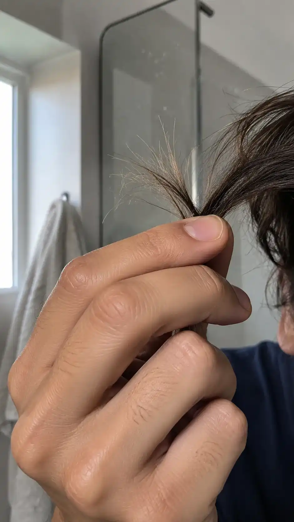 Mann untersucht trockene und strohige Haarspitzen - haarpflege männer