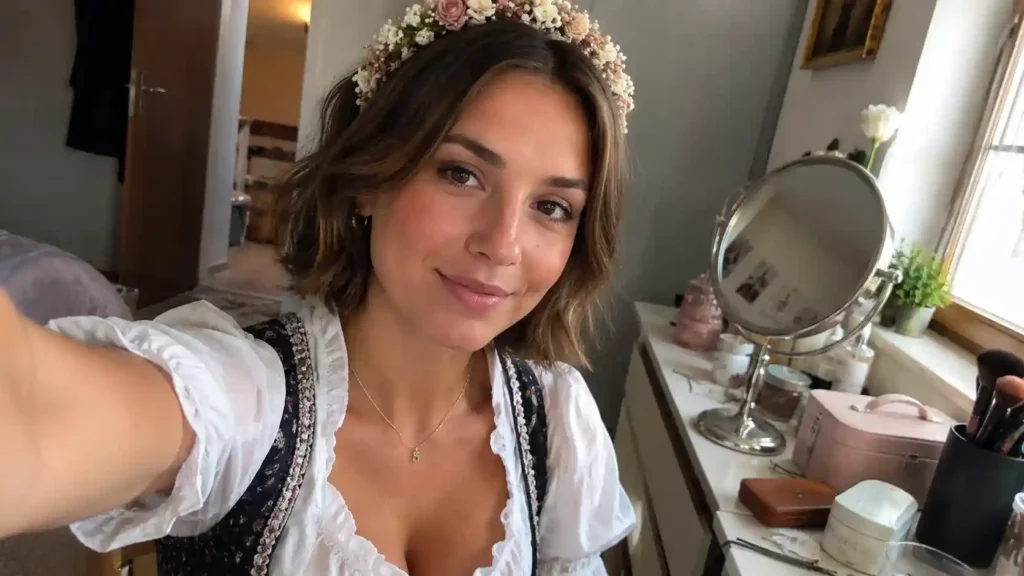 Oktoberfest Frisuren: Frau im Dirndl bereitet sich auf das Oktoberfest vor und stylt ihre Haare