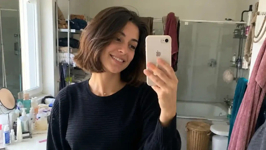Frau betrachtet ihre neue Frisur im Spiegel