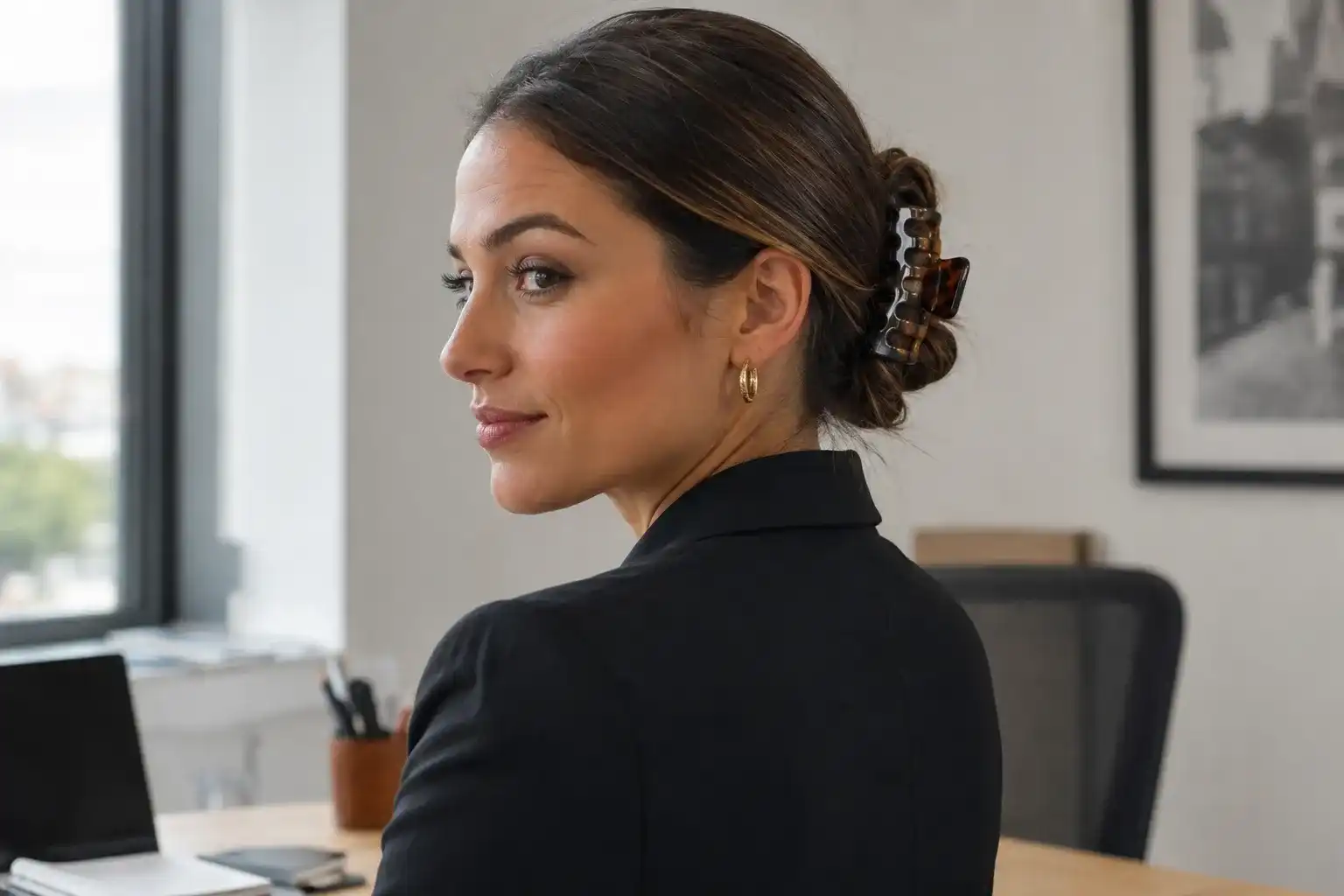 Elegante Frisur mit Haarklammer als eleganter Low Bun im Büro mit dunkler Schildpatt-Klammer gestylt