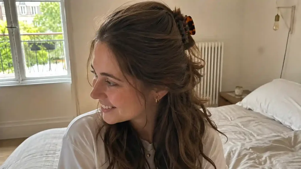 Frau mit Frisur mit Haarklammer im lässigen Half-Up-Stil, großer Haarklammer und Wellen im Schlafzimmer